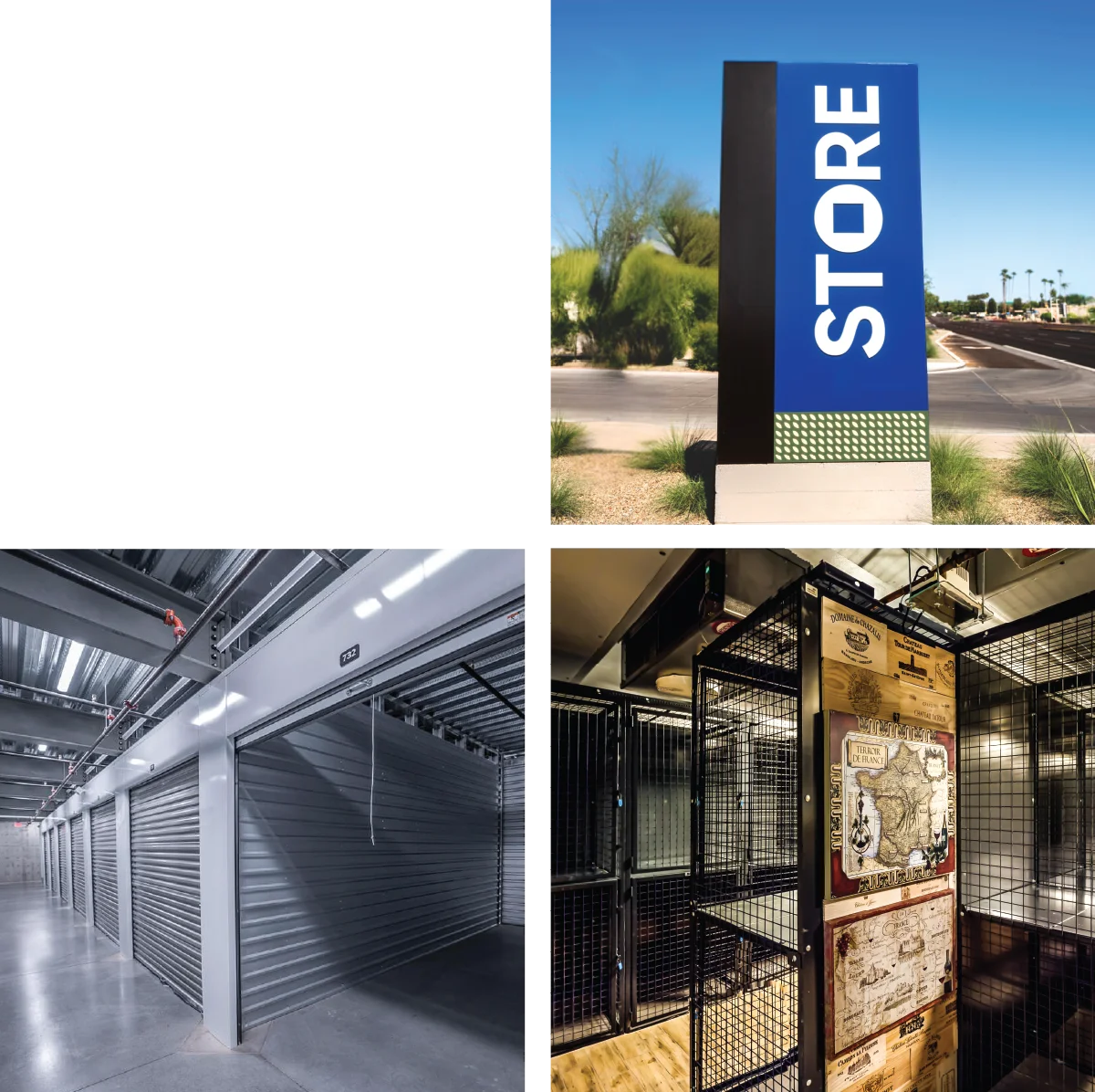 A collage of storage facility images: a "STORE" sign, a corridor with closed metal storage units, and a metal storage cage with maps.