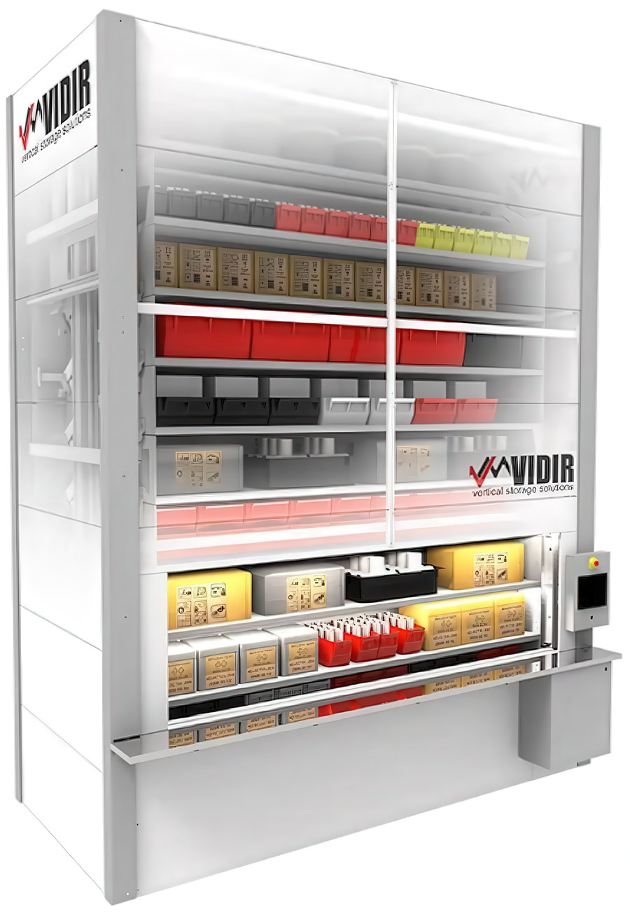 Vidir Vertical Storage Solutions lift module, an automated vertical carousel system storing small parts and bins