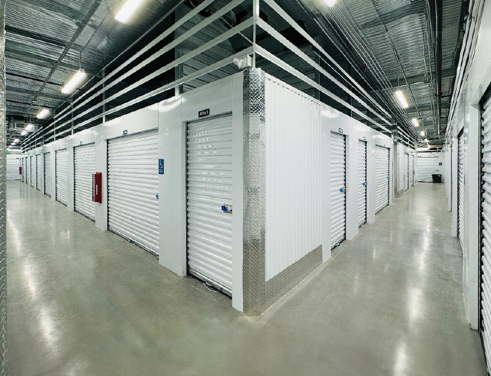 indoor storage unit hallways with white doors