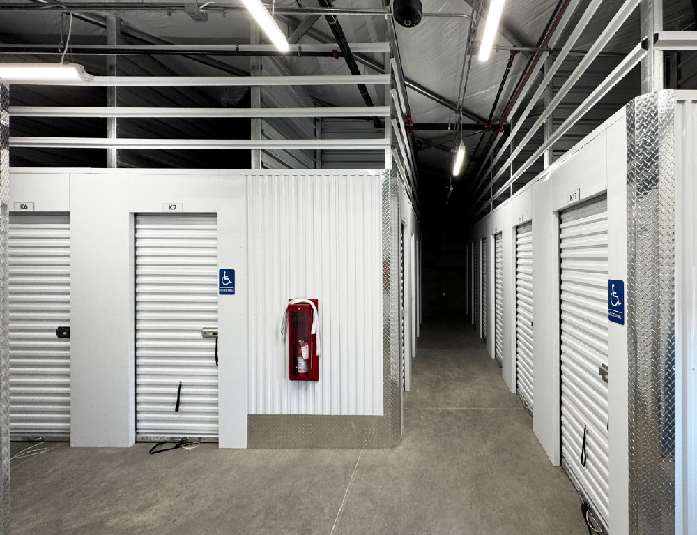 indoor storage unit hallways with white doors
