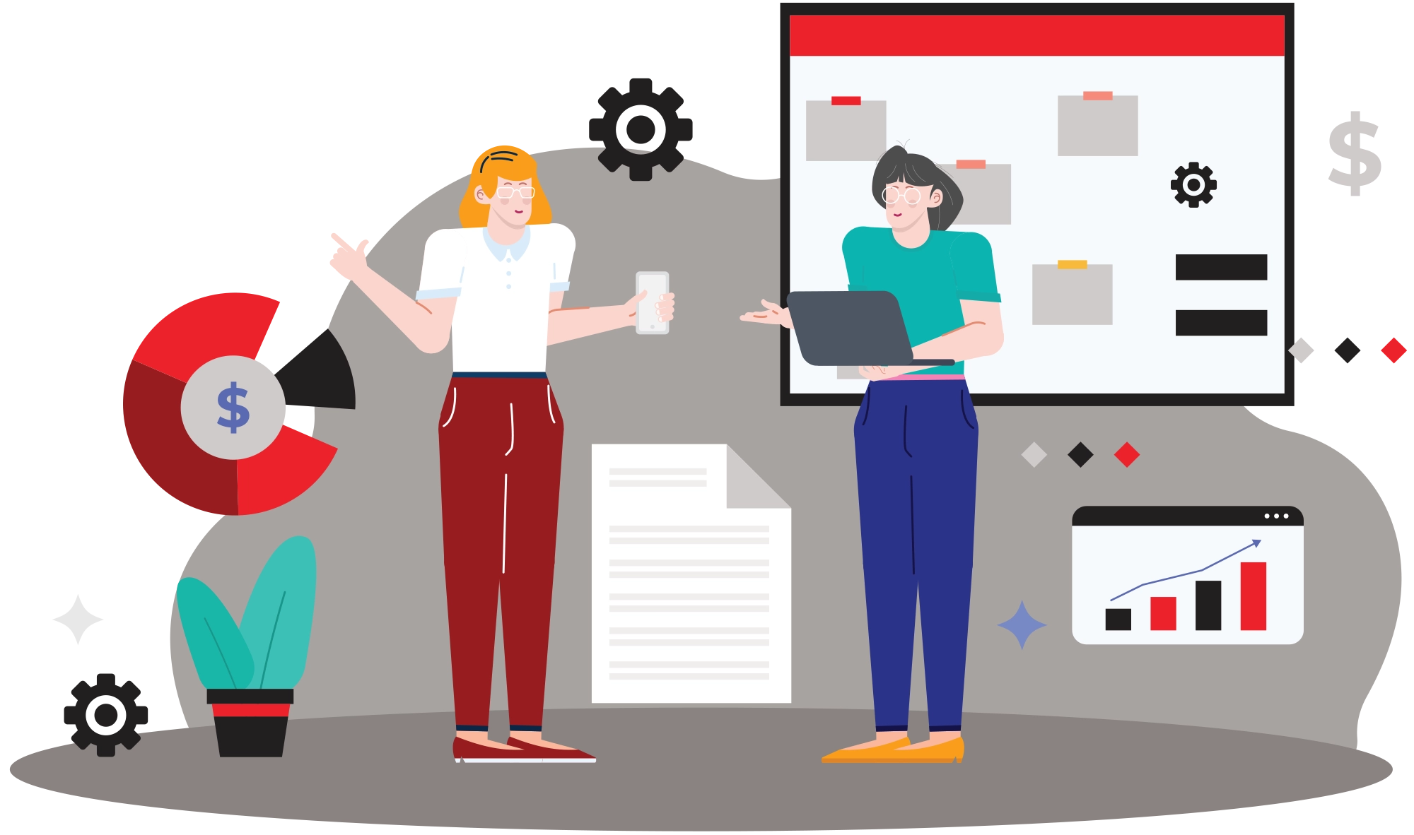 Illustration of two women analyzing financial and scheduling data: one with a pie chart and document, the other with a laptop and bar graph.
