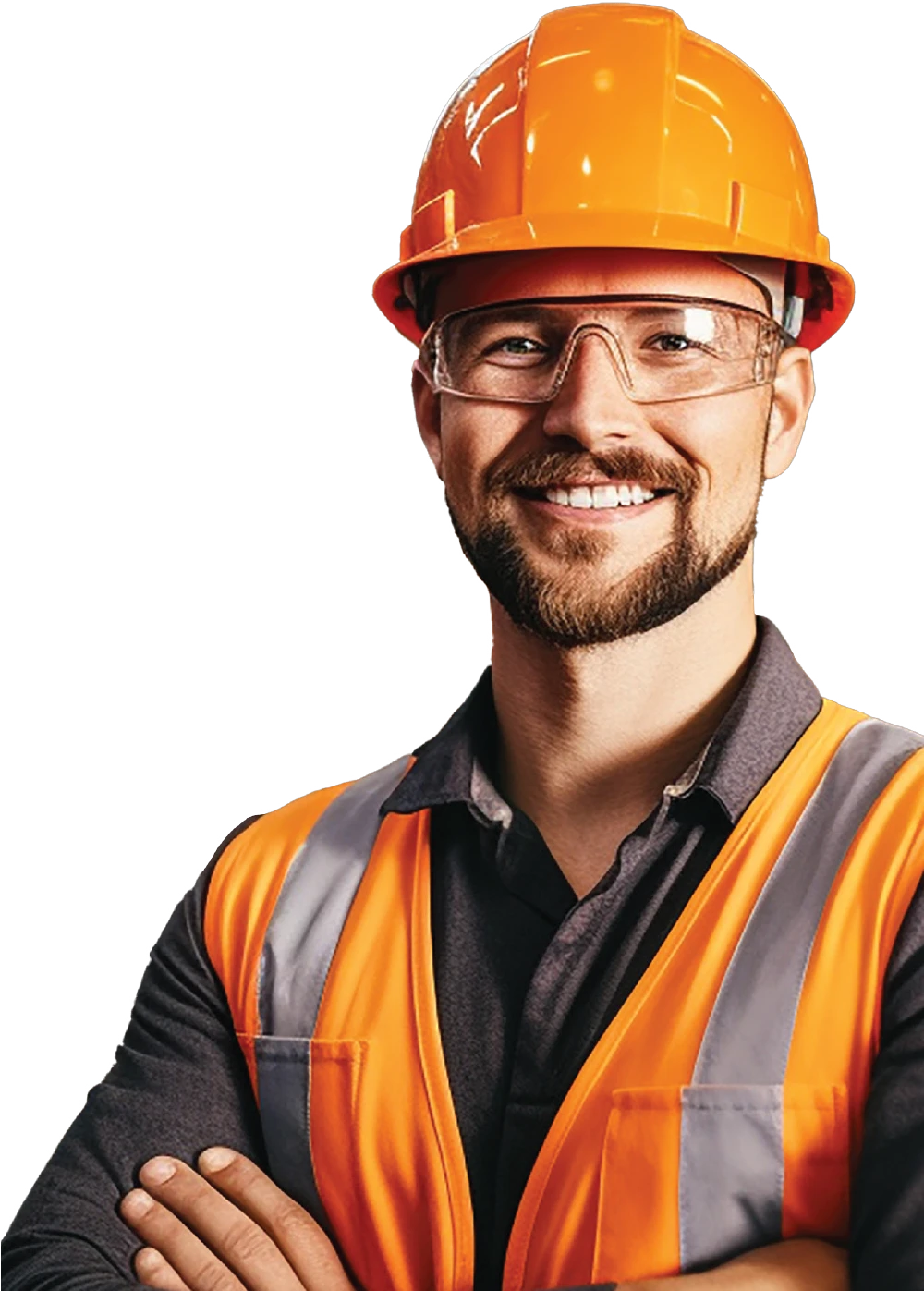man smiling with his arms crossed as he wears a set of protective goggles, a vest, and a hard hat