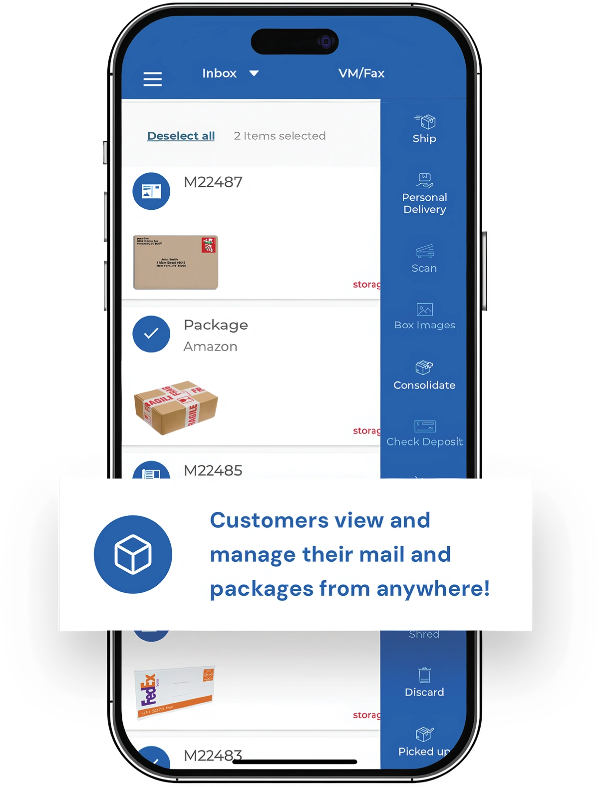 Mobile app interface showing mail and package management features with menu options and item list.