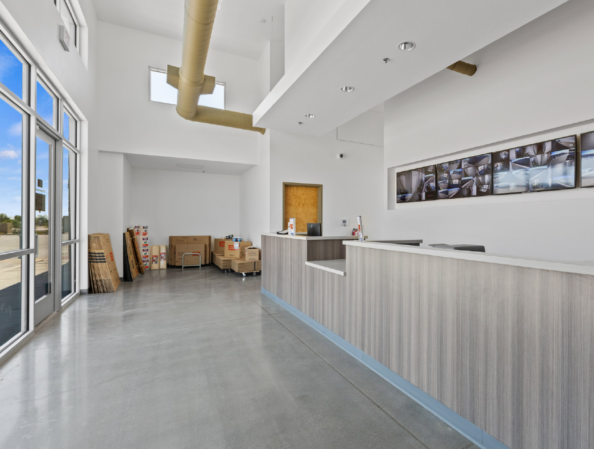 A brightly lit lobby of Public Storage facility