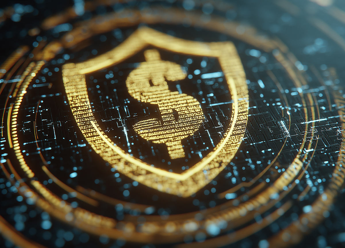 A stylized, glowing digital shield with a dollar sign symbol at its center, formed by golden lines and circuits, is set against a dark, futuristic background with blue and orange glowing digital patterns and lines.