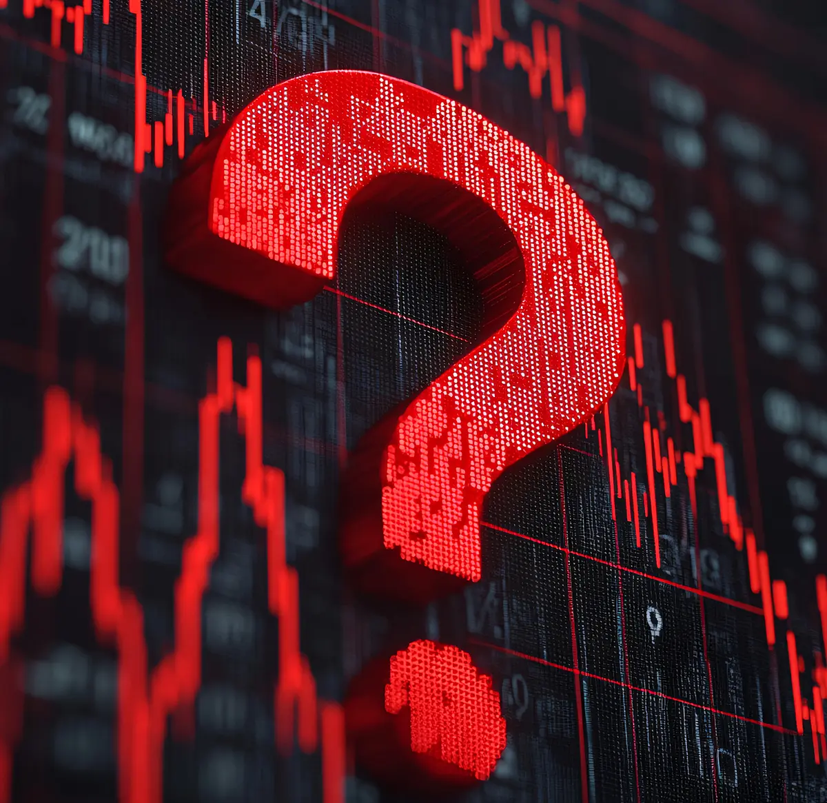 A digital graphic featuring a large, textured red question mark superimposed over a financial chart with downward-trending red lines and bars.