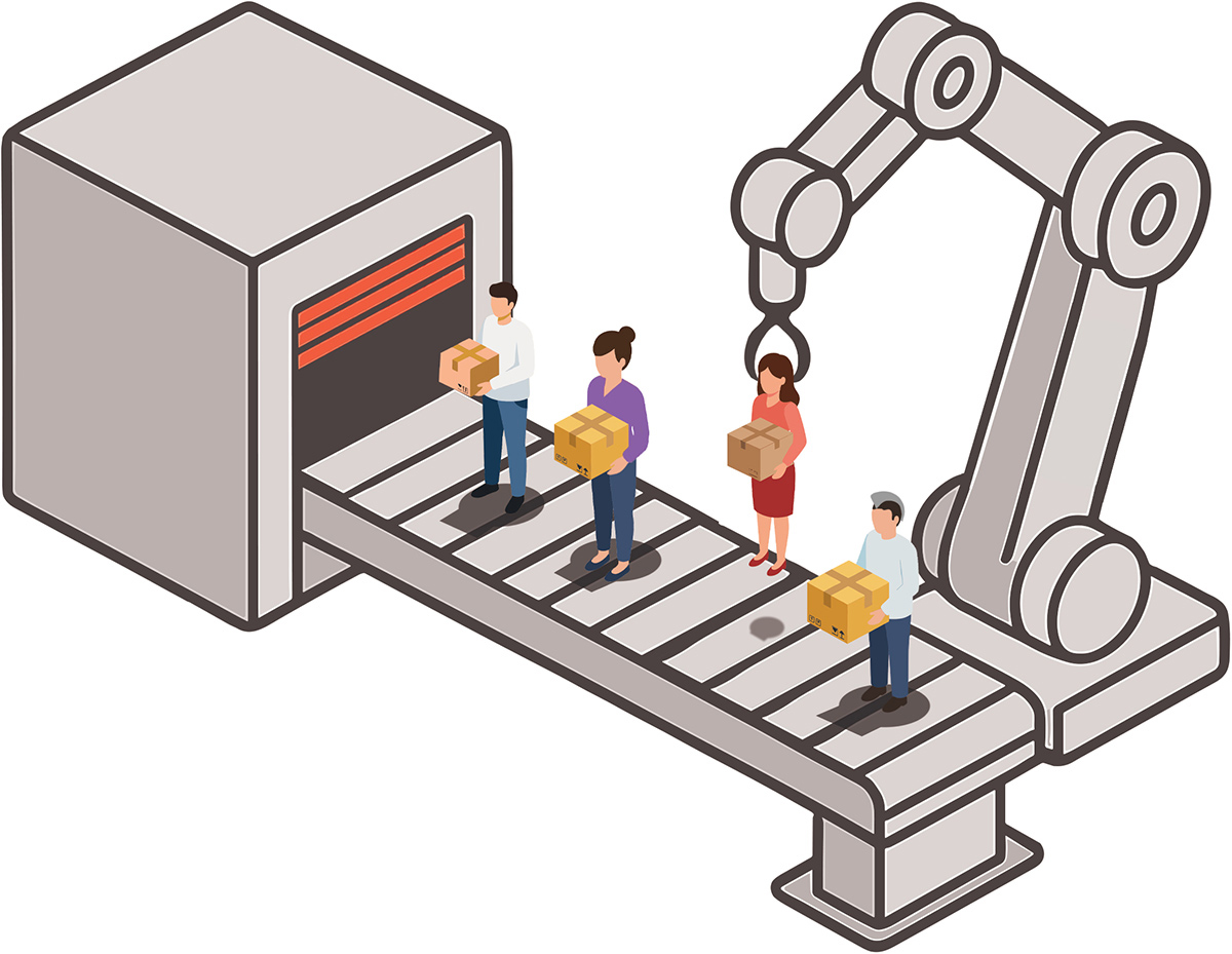 crane putting people holding boxes onto conveyor belt