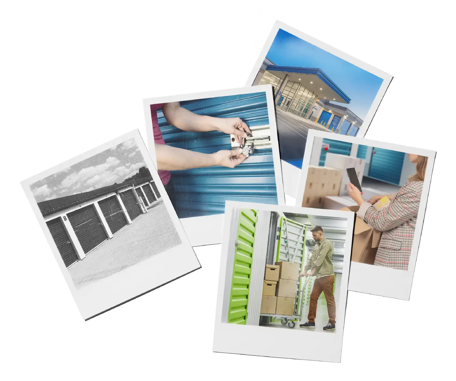 A collage of five polaroid-style photos showing the evolution of self-storage, from traditional outdoor units to modern climate-controlled facilities and digital management.