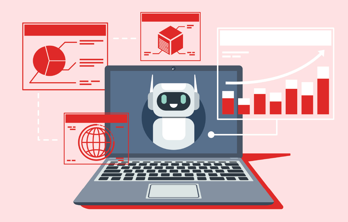 Illustration of a laptop screen with a robot icon surrounded by floating data windows, bar charts, and a world map graphic.