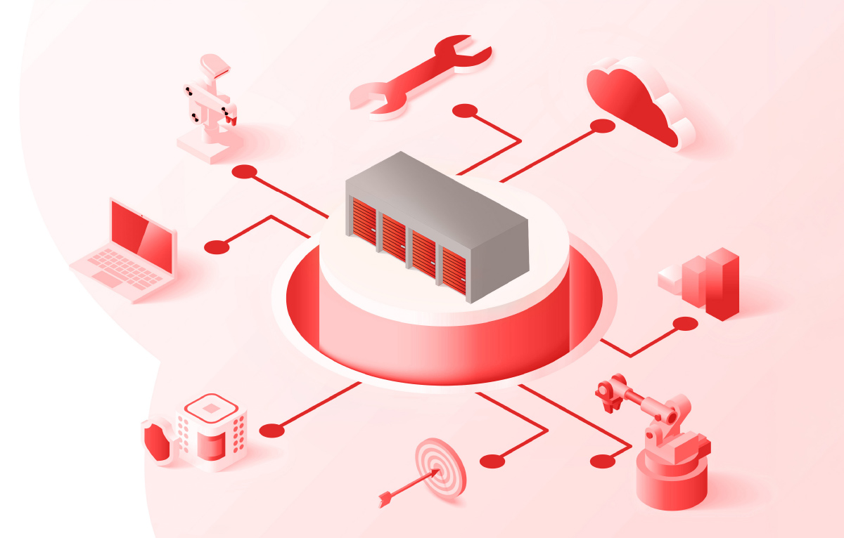 Isometric illustration showing a storage building connected by network lines to icons for cloud data, robotics, and business growth.