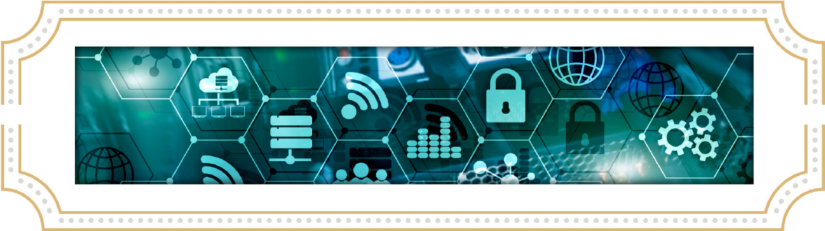 A digital technology banner featuring a dark teal background with a network of hexagonal icons representing cloud computing, cybersecurity locks, Wi-Fi, and global data synchronization