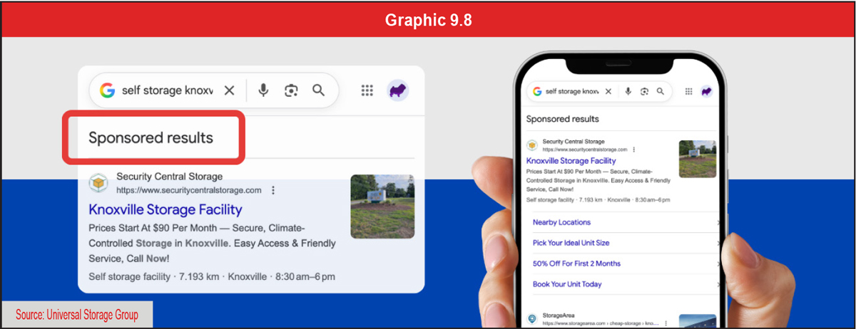 Graphic of a smartphone and desktop screen showing Sponsored results for a self-storage Google search.