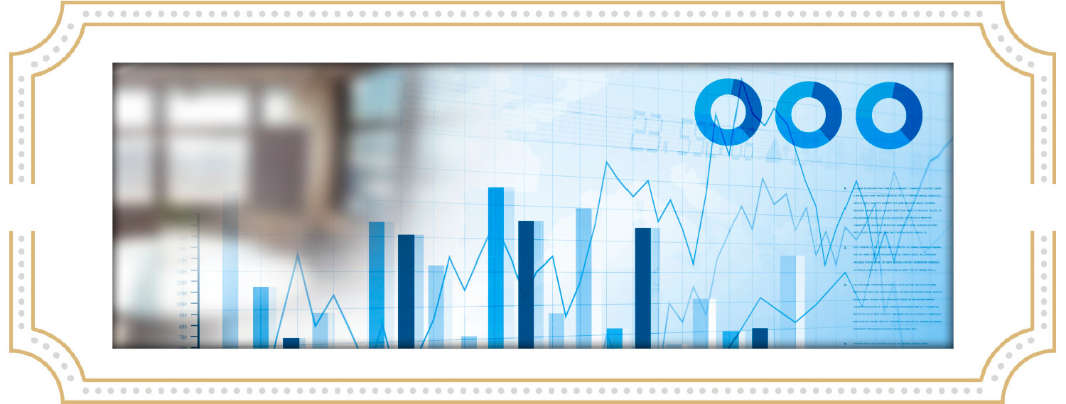 A blue-themed graphic showing various line charts, bar graphs, and circular data icons overlaid on an office background.
