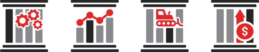 Four digital vector minimalistic financial themed icons featuring symbols for gears, a graph, a bulldozer, and a dollar sign over vertical shaped bars