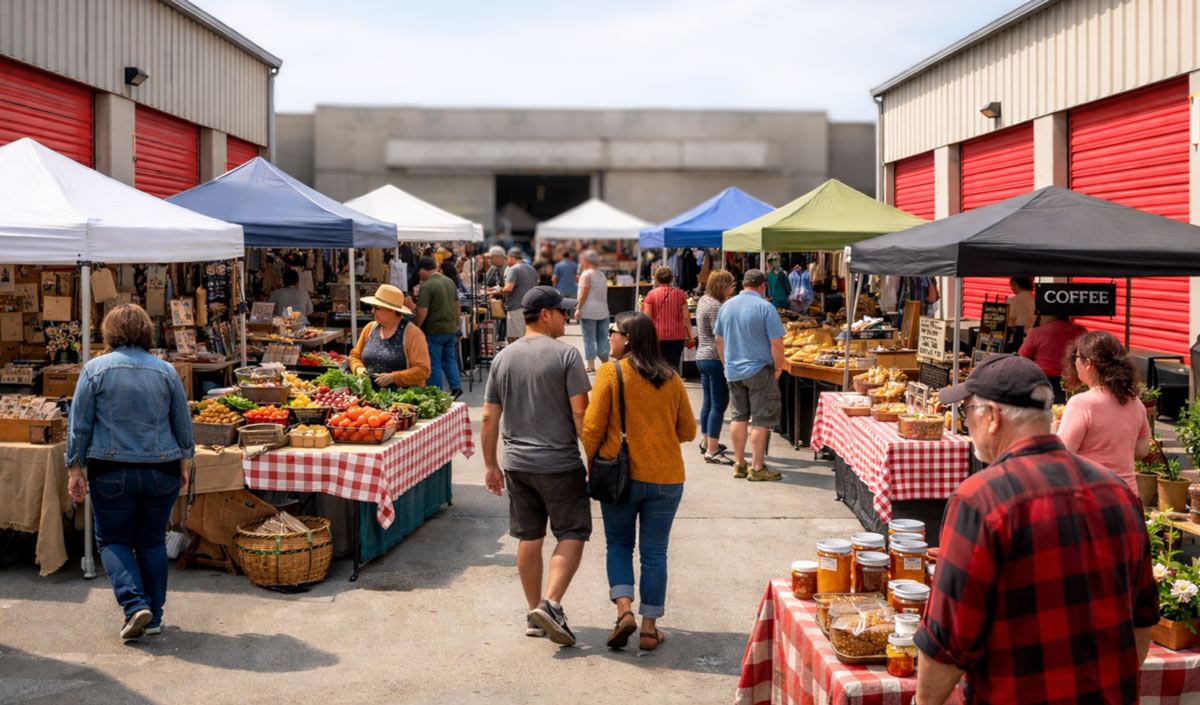 An outdoor market set up in a self-storage facility alley. People browse vendor stalls under pop-up tents positioned between rows of storage units with red doors. Tables with checkered cloths display jars, produce, and other goods for sale.