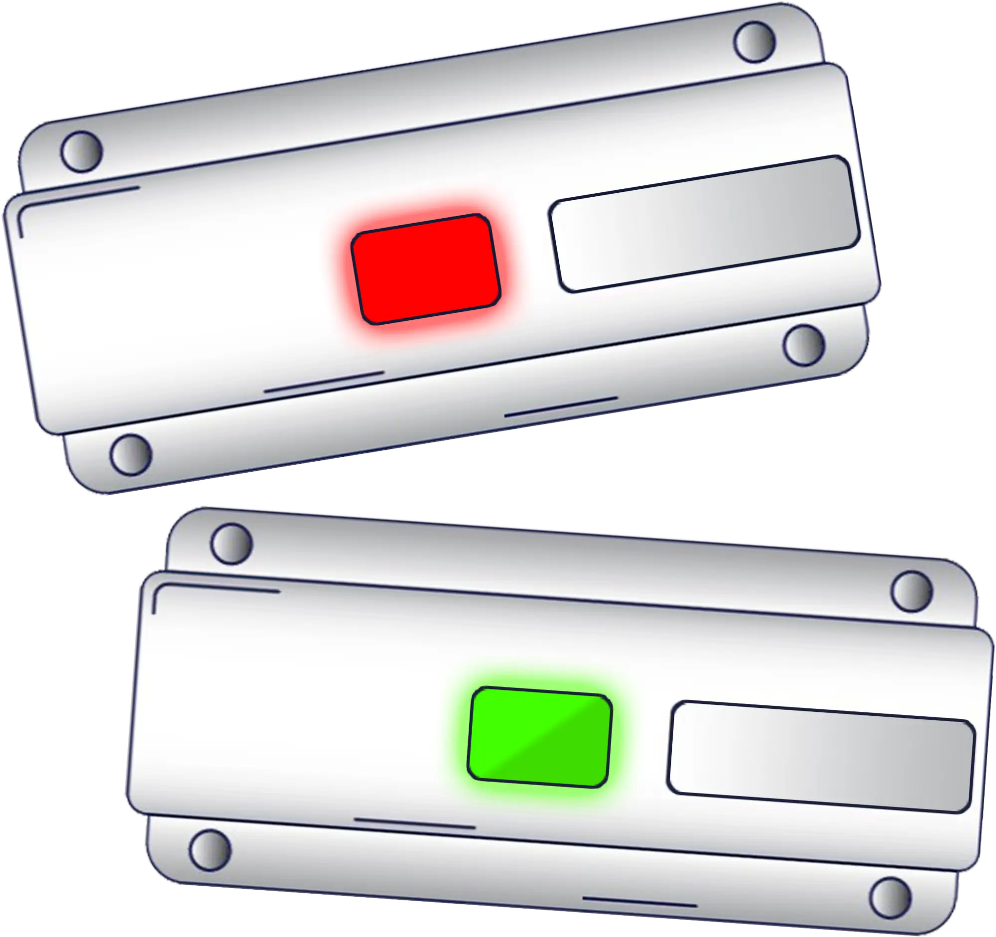 Two rectangular smart lock devices are shown: the top one has a glowing red light and the bottom one has a glowing green light.