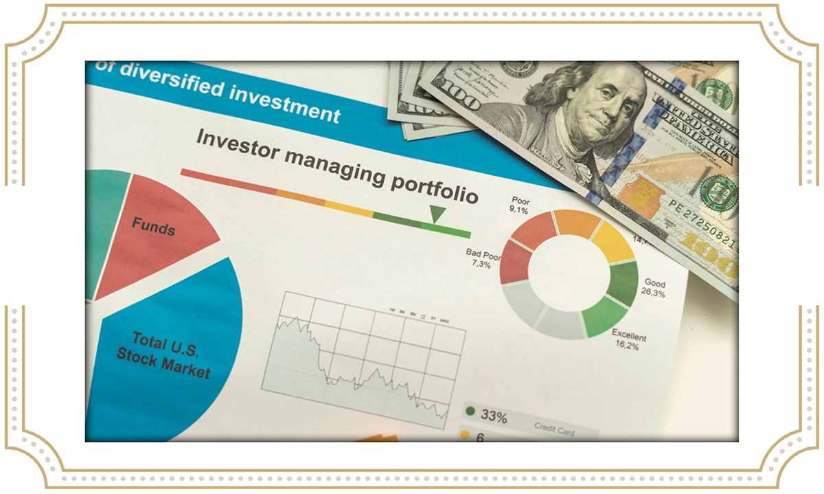 An investment portfolio management diagram featuring pie charts displaying fund allocations and market performance, accompanied by scattered one-hundred dollar bills