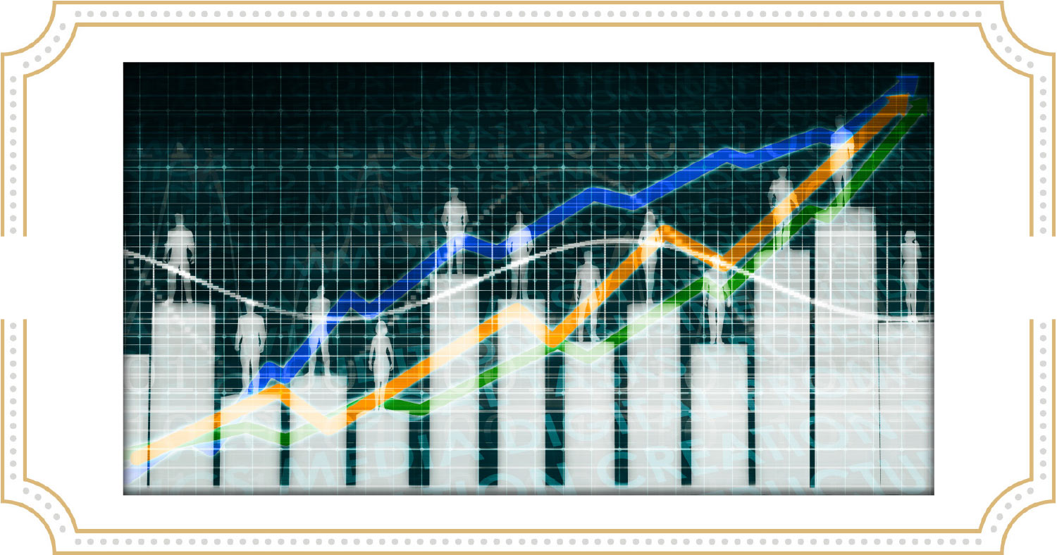 bar chart graphic with men and women on each bar as well as growing line graphs overlaid on top