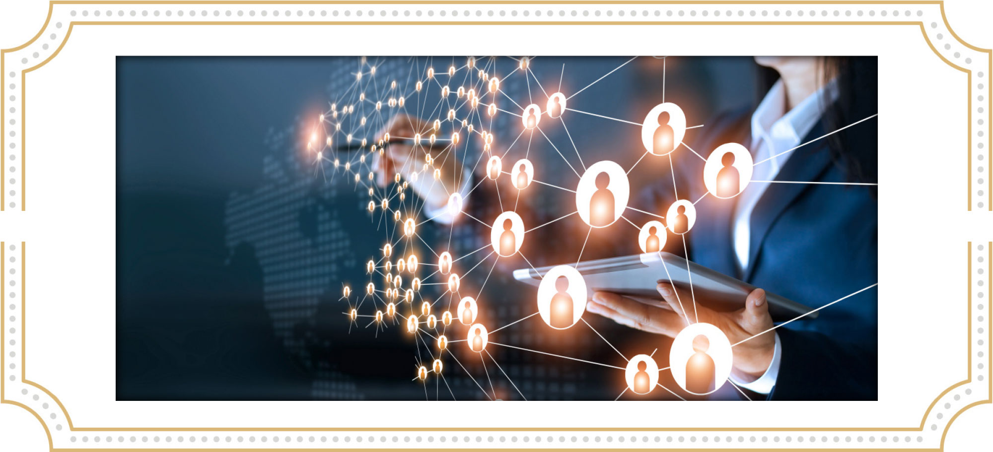 woman pointing with pen to holographic network of people in front of her