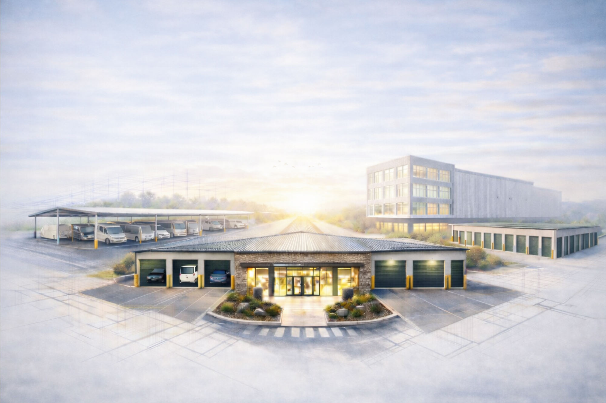 An architectural rendering of a modern self-storage facility complex at sunrise featuring various building styles and parked vehicles.