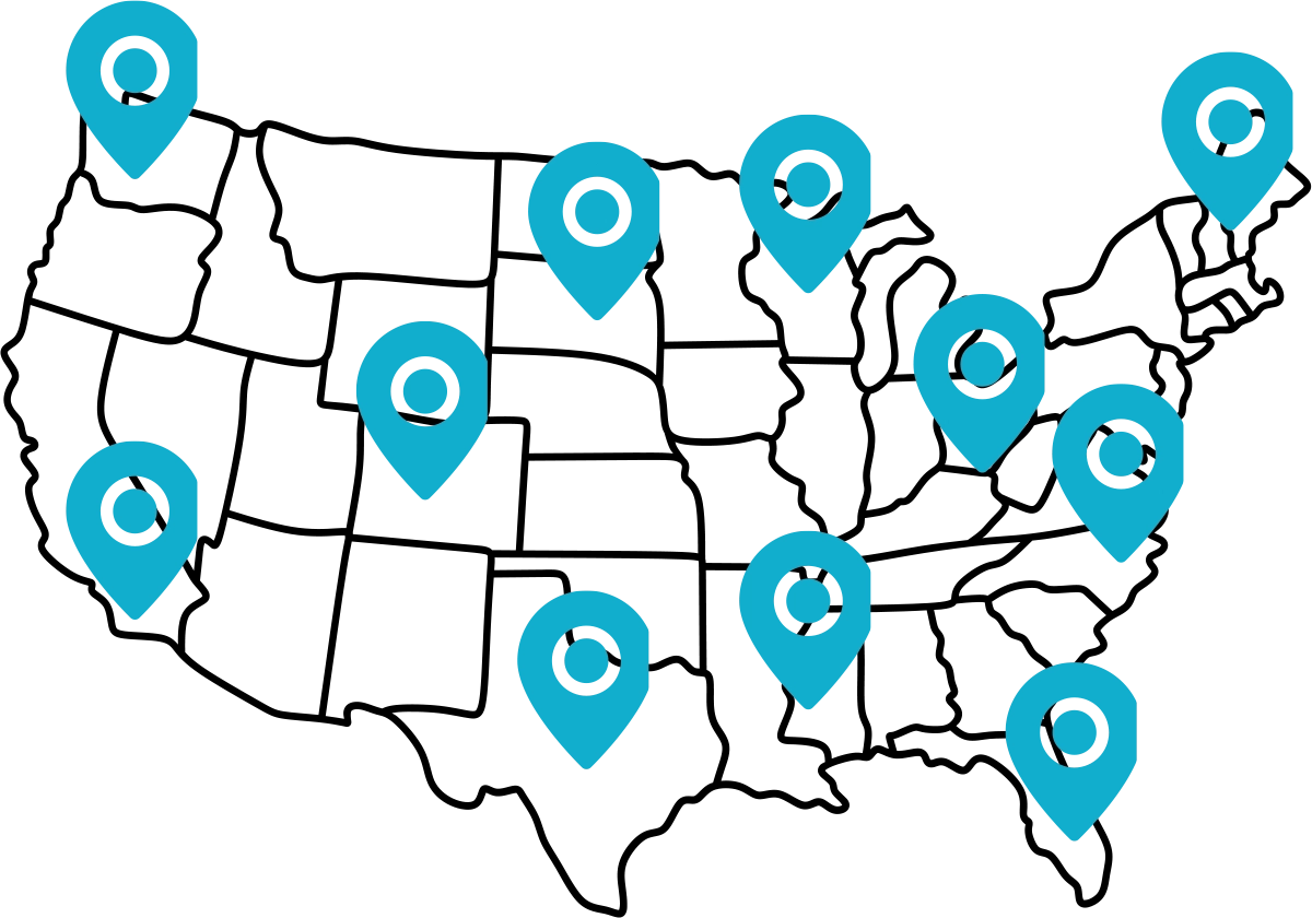 A black outline map of the United States featuring ten teal location pin icons scattered across different regions.