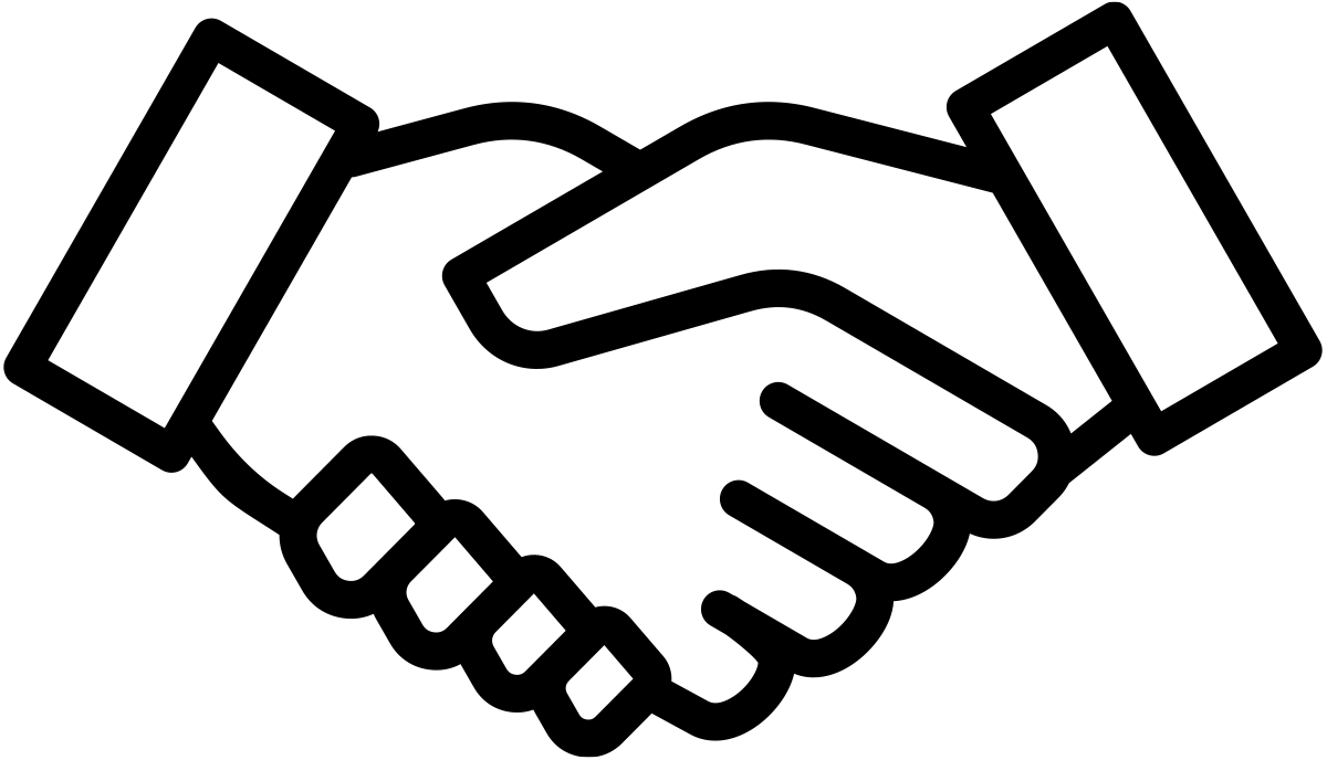 A black line icon showing two hands in business attire clasped in a firm handshake.