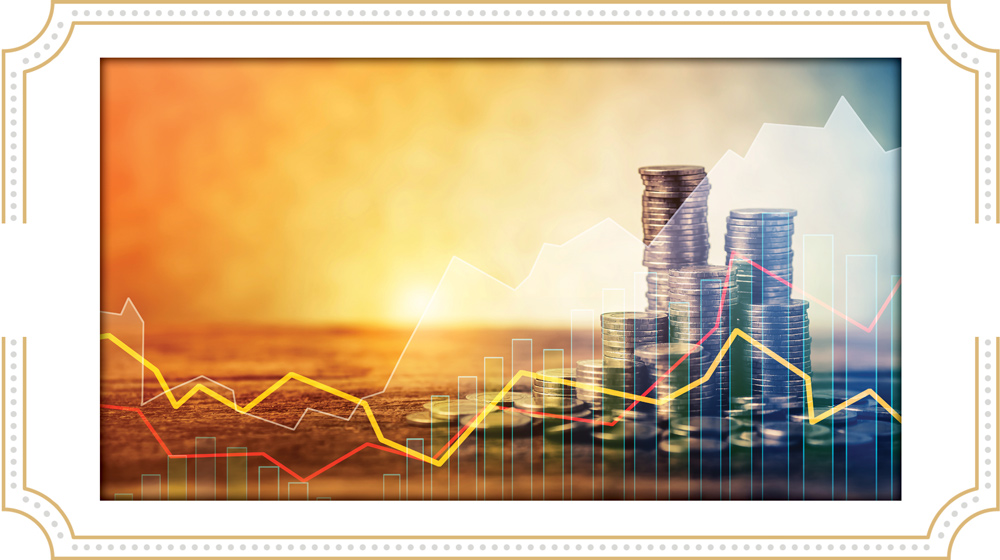Stacks of coins with superimposed line and bar graphs against a gradient background.