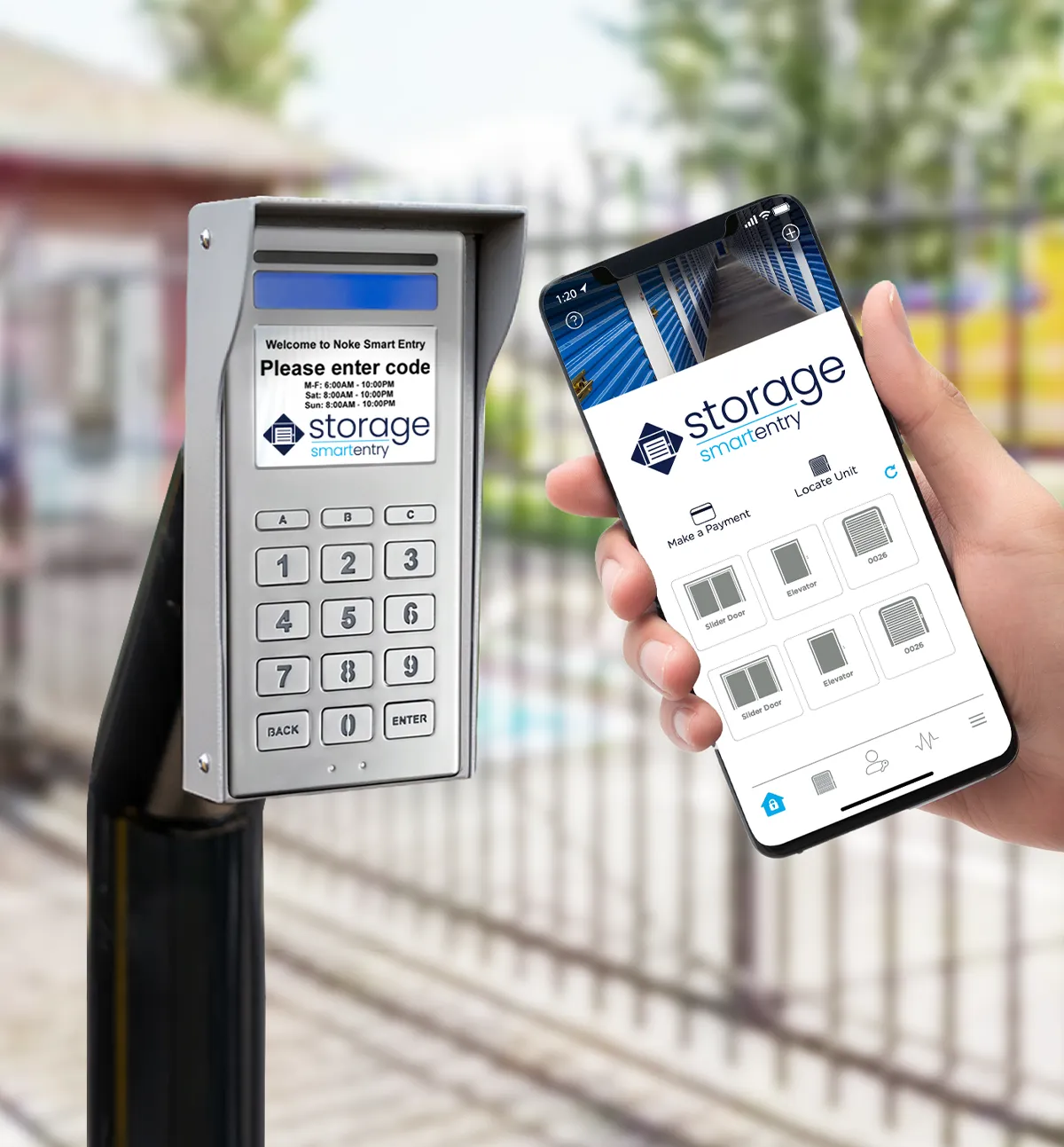 A side-by-side comparison of a traditional keypad entry system and a modern smartphone app for the Noke Smart Entry system, used for secure, keyless access to self-storage facilities