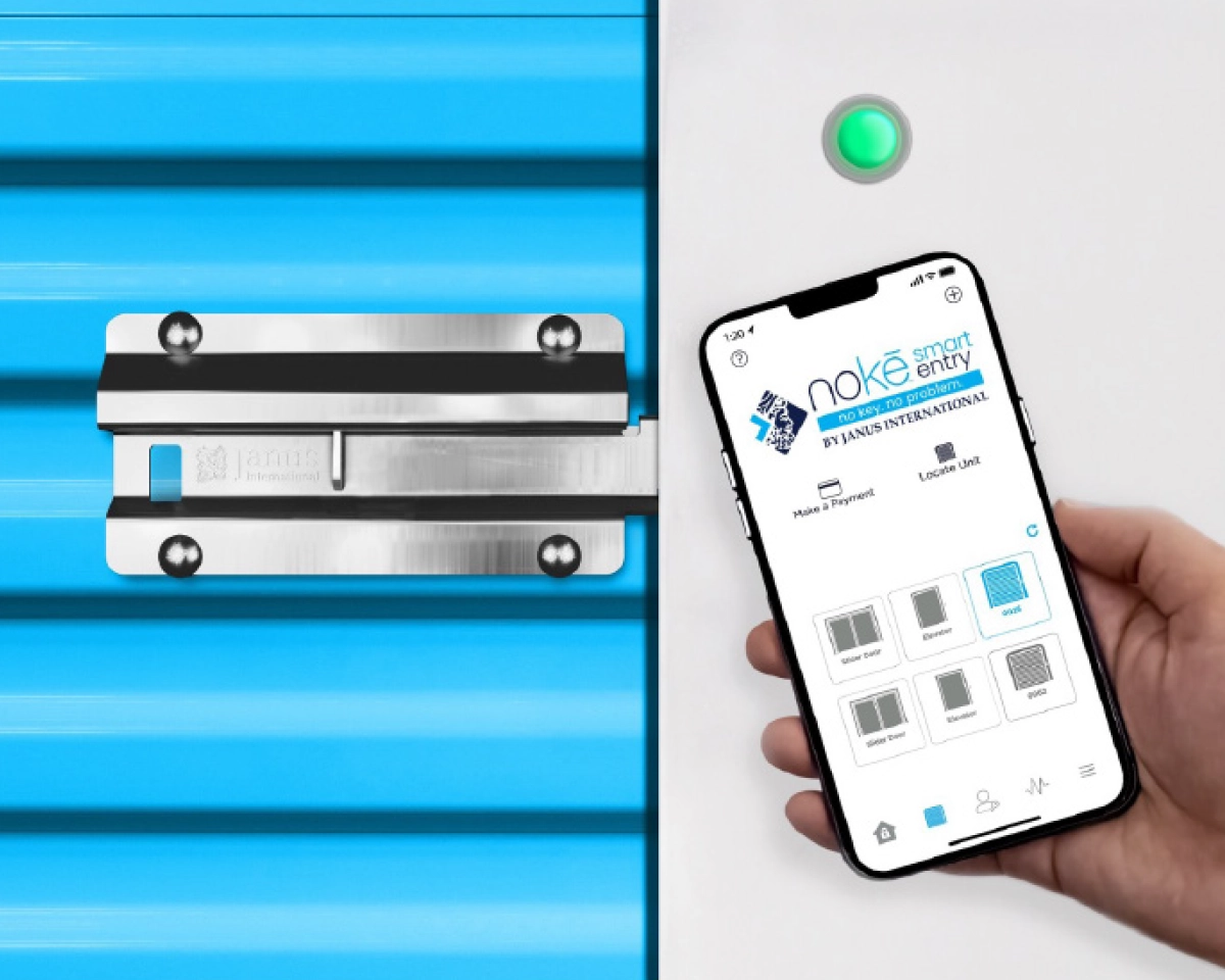 A customer using the Nokē Smart Entry smartphone app to wirelessly unlock a bright blue corrugated metal storage unit door, demonstrating the convenience of keyless electronic access
