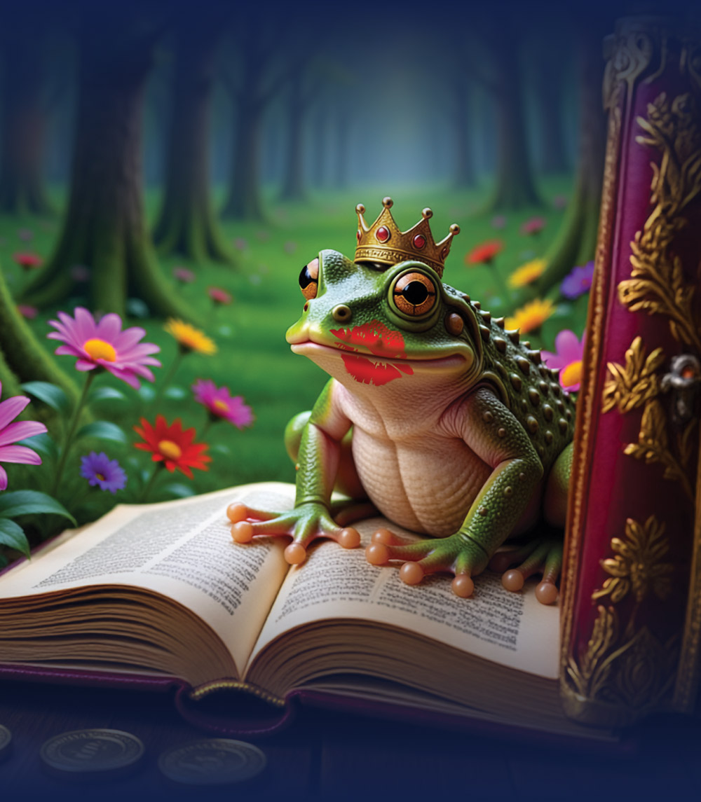 frog with a lipstick kiss wearing a crown