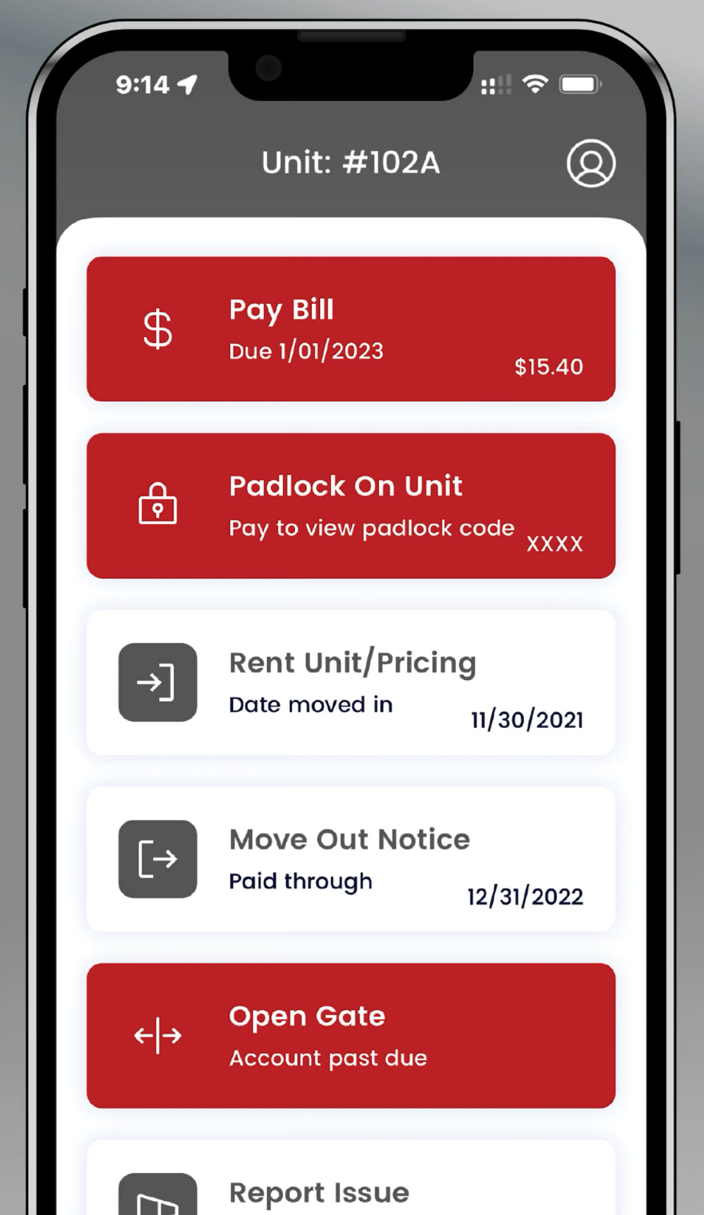 Smartphone screen showing a storage app with unit details, payment information, and notices.