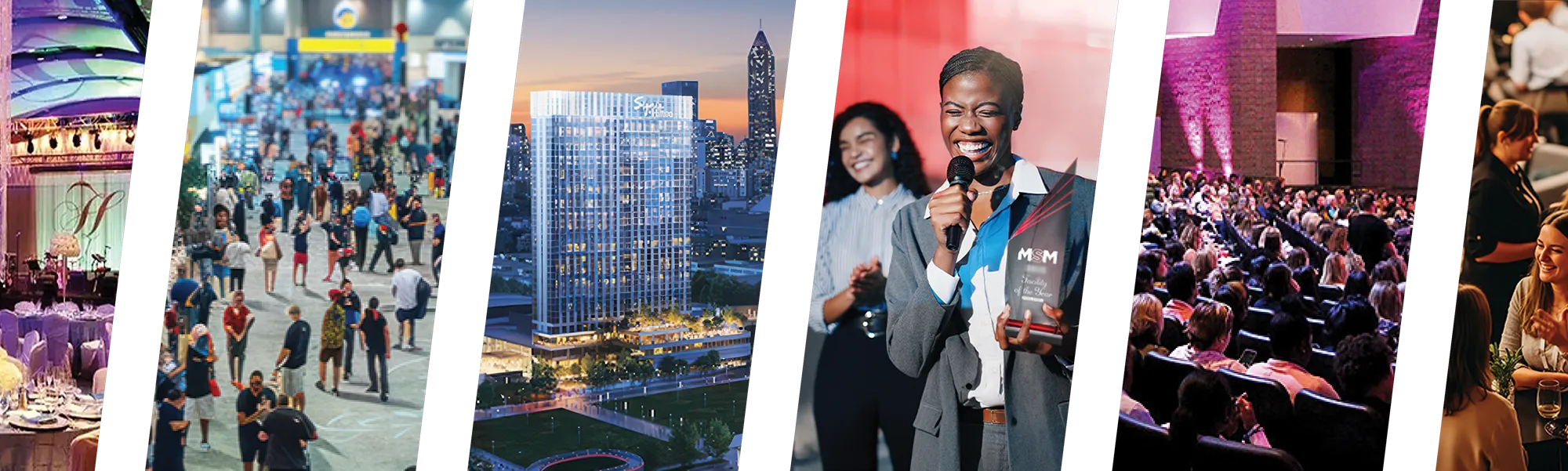 A collage of six images showing a banquet hall, crowded event, cityscape, speakers on stage, audience in an auditorium, and people networking.