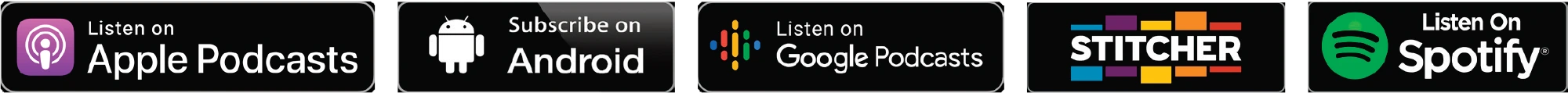 A row of five podcast platform subscription buttons on a black background, including "Listen on Apple Podcasts," "Subscribe on Android," "Listen on Google Podcasts," "Stitcher," and "Listen on Spotify."