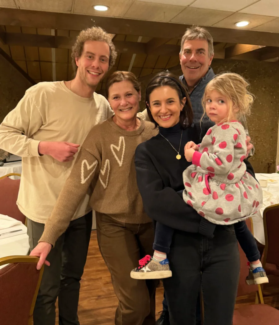 Adam Karnes with his mother Tina, wife "Cat," father Rick, and daughter Esme