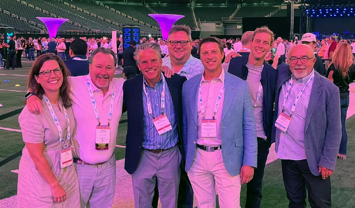 Adam at Allegiant Stadium with Erin Hill, Shawn Hill, Devin Huber, Drew Sikula, Mark Cosenza, and Jonathan Stein