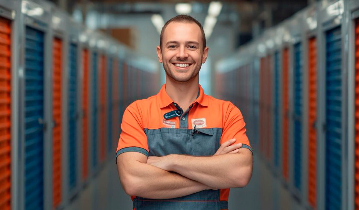 Man smiling with his arms crossed in front of an aisle of storage units