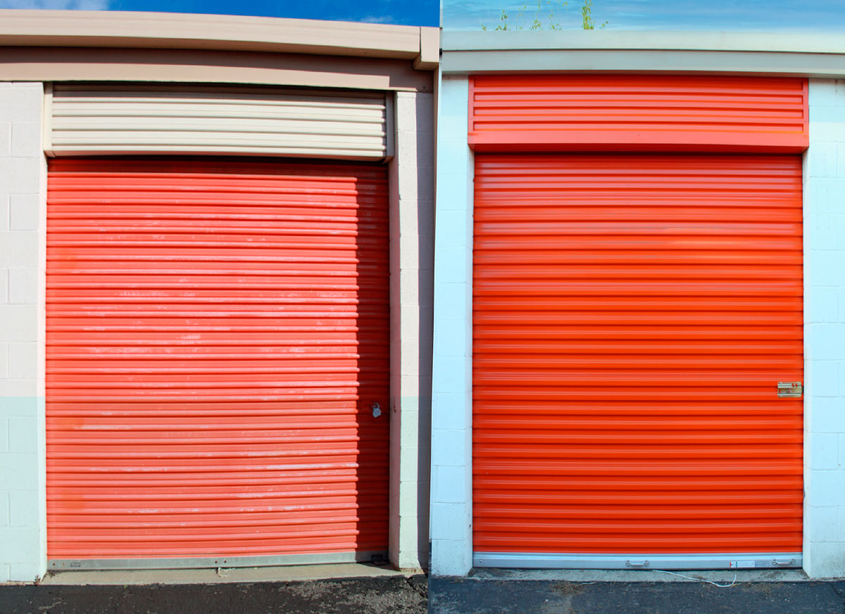 Before and after of replaced storage door