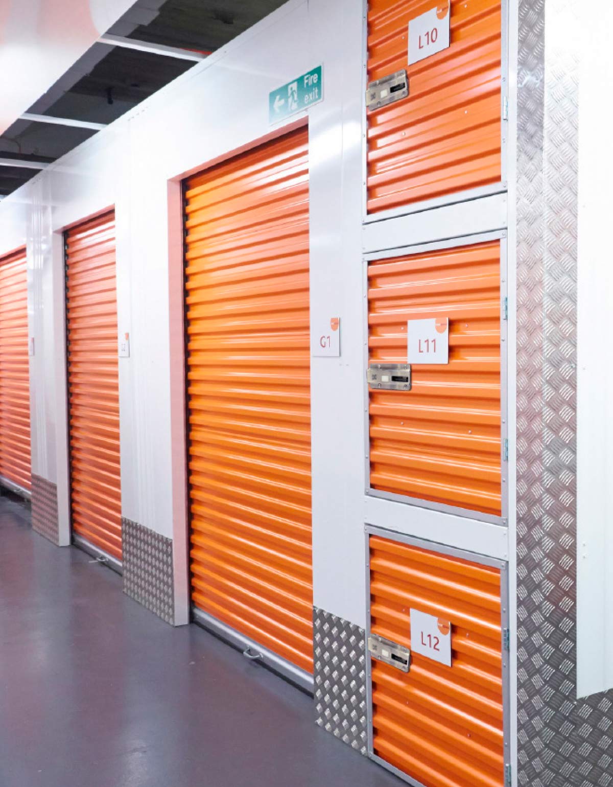 storage units with orange doors