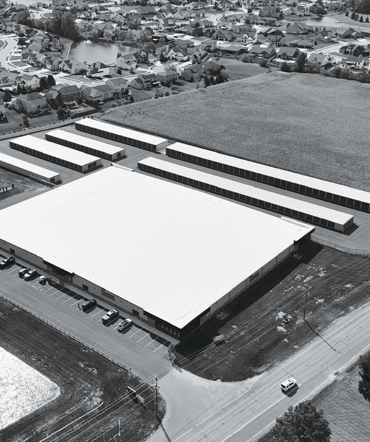 aerial view of large self-storage facility