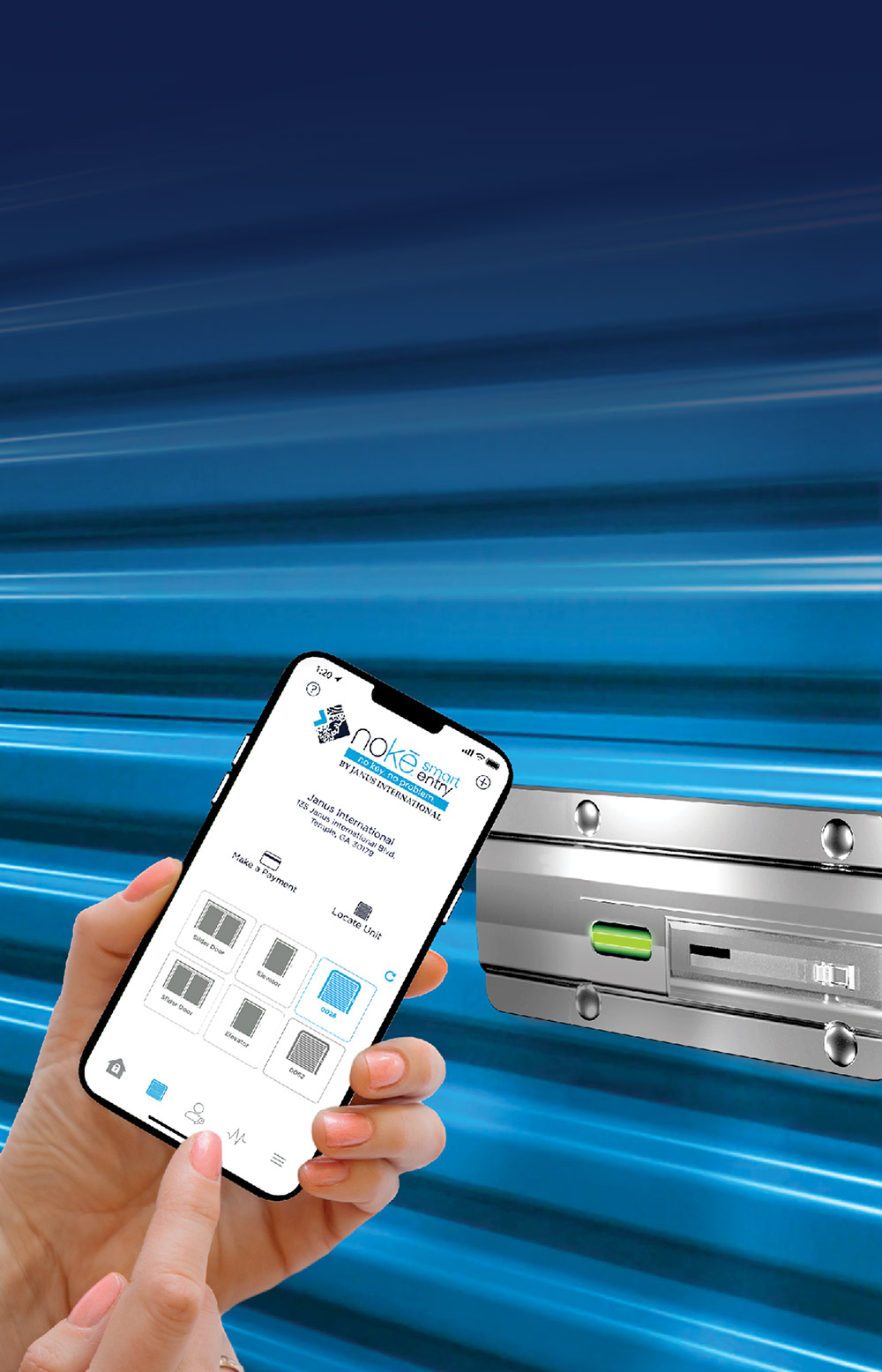 hand using a smartphone to lock and unlock a blue storage unit door