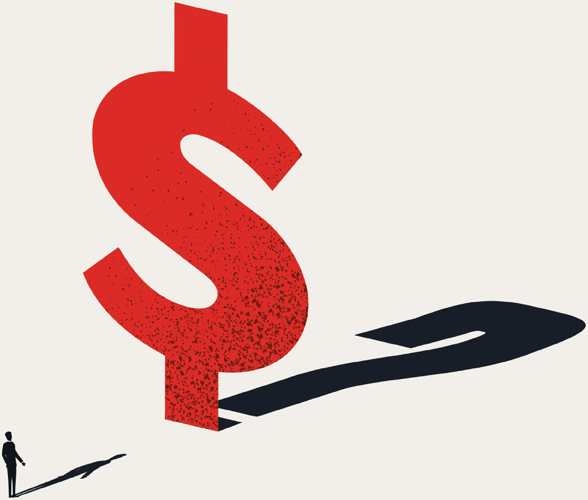 A large red dollar sign with a shadow, accompanied by a small silhouetted figure.