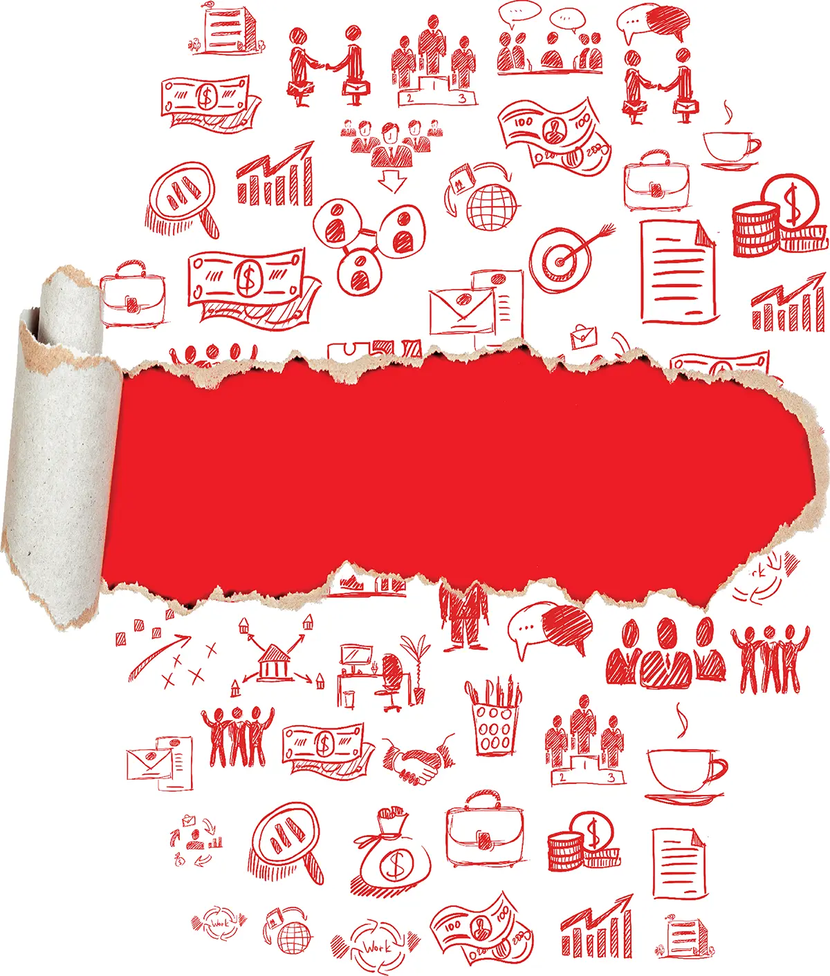 Red central area with torn paper effect, surrounded by red business icons on white background.