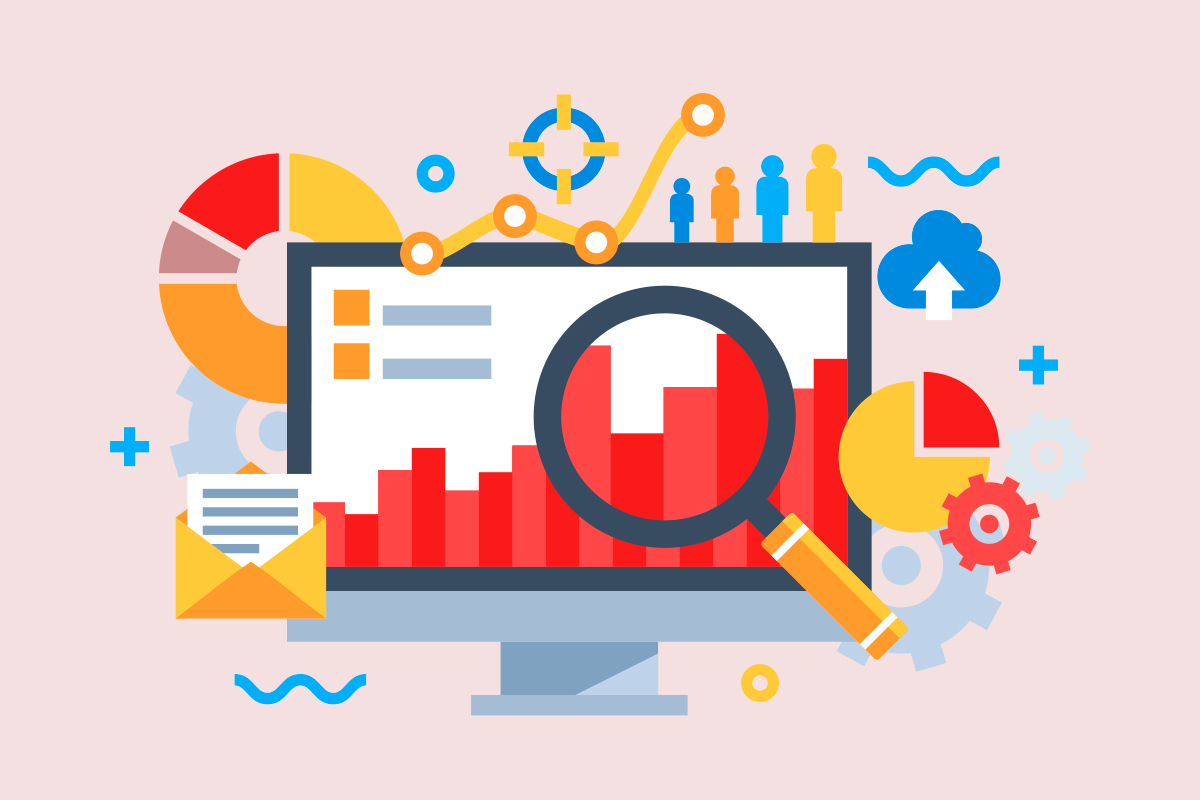 Digital analytics illustration showing a computer monitor with bar graphs, a magnifying glass, pie charts, and icons representing website data.