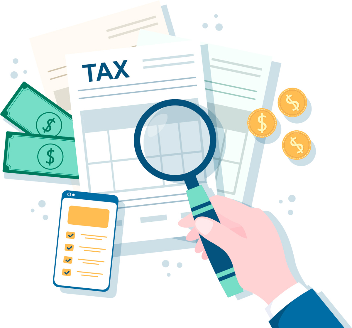 An illustration of a hand holding a magnifying glass over a document labeled "TAX." The image includes stylized paper forms, gold coins, green banknotes, and a smartphone displaying a checklist.