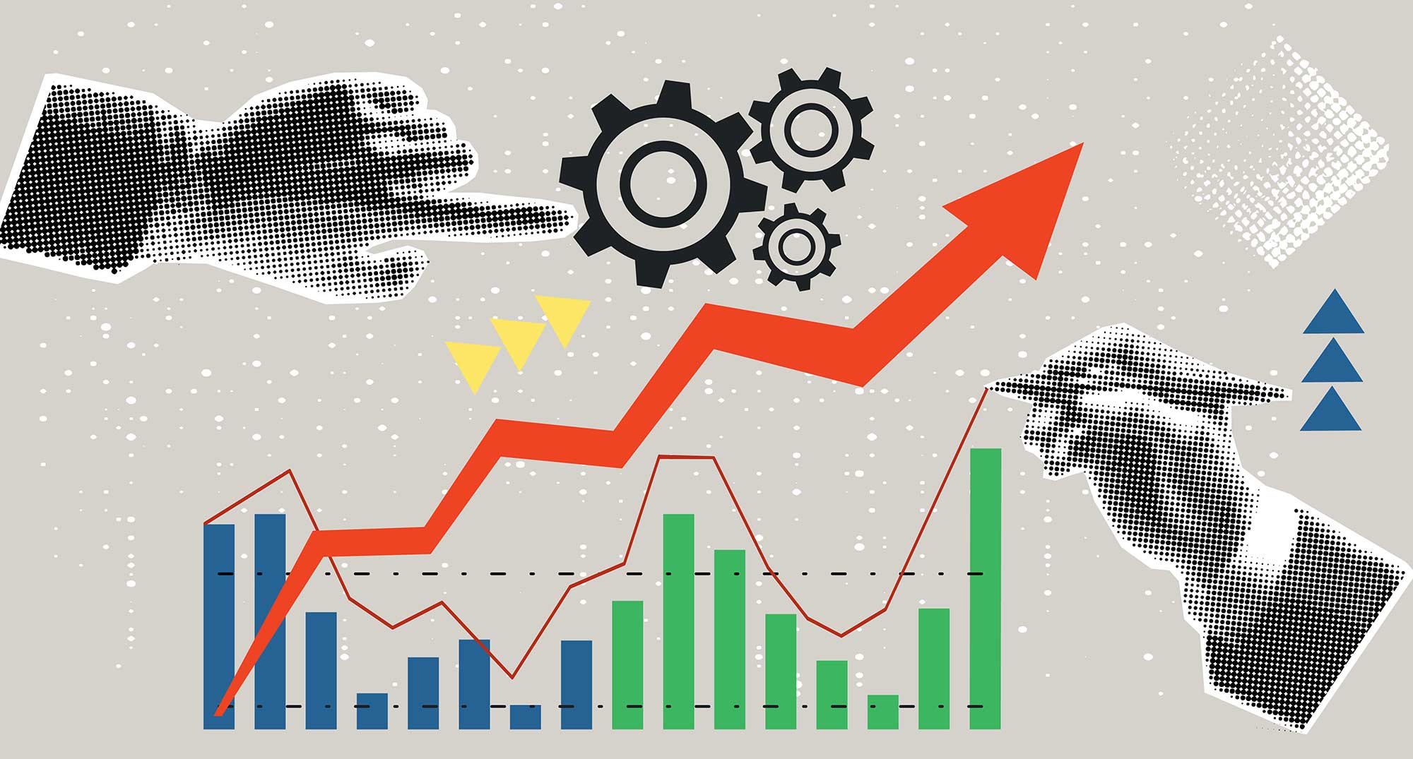 Stylized collage of a rising red arrow, bar graphs, gears, and hands pointing and drawing.