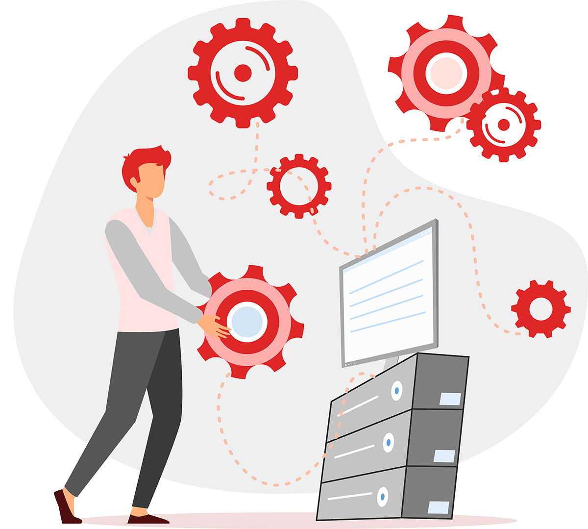 Illustration of a man connecting a large red gear to a computer server system.