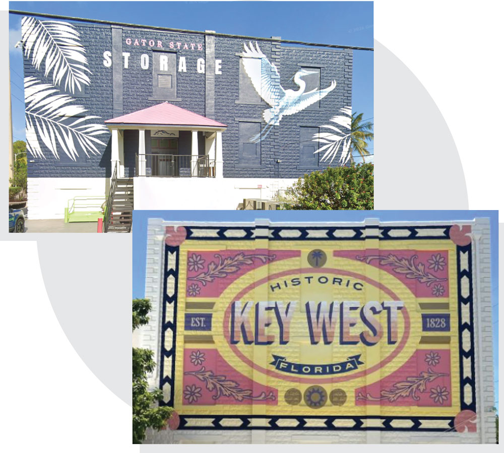 A split graphic showcasing tropical-themed building murals for "Gator State Storage" and "Historic Key West."