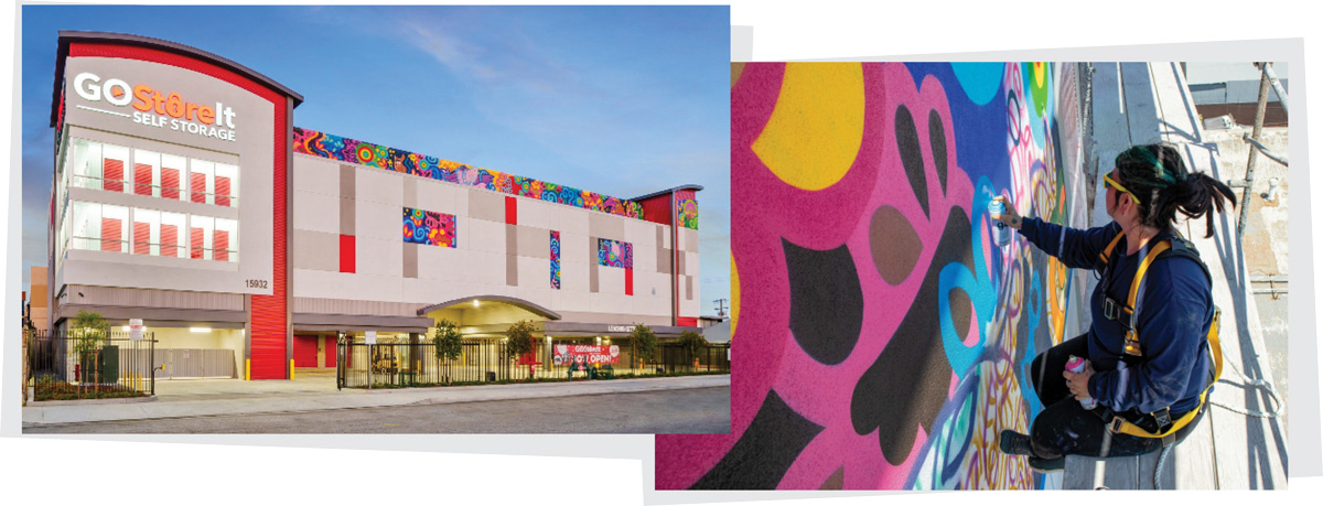 A split image showing a Go Store It facility next to a close-up of an artist spray-painting a colorful mural on it.