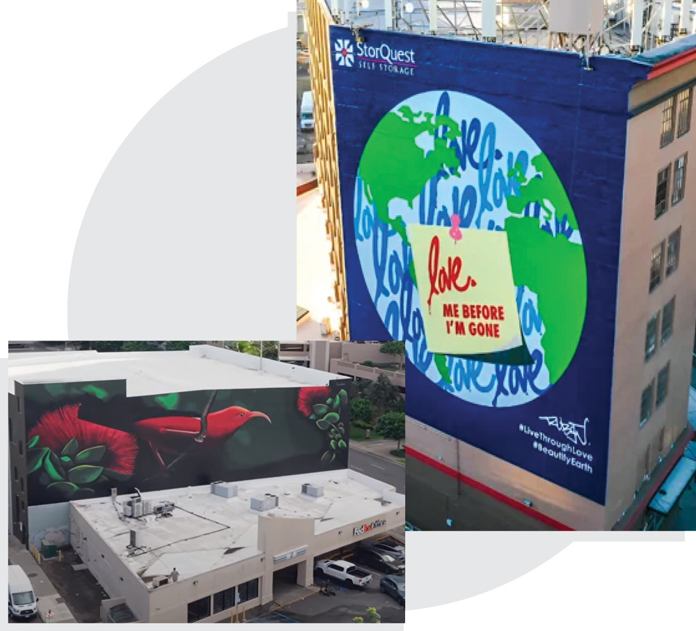 A split graphic showcasing large-scale exterior murals of a red bird and a globe for StorQuest Self Storage.
