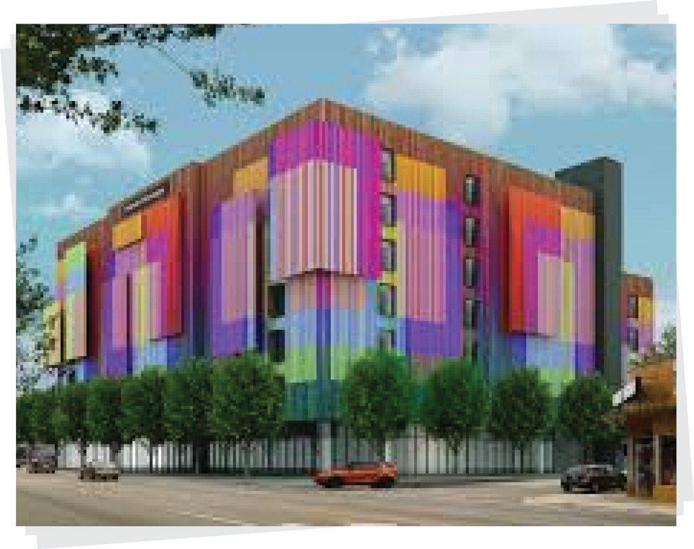 A rendering of a large, modern building featuring an exterior facade styled like a vibrant rainbow mural.